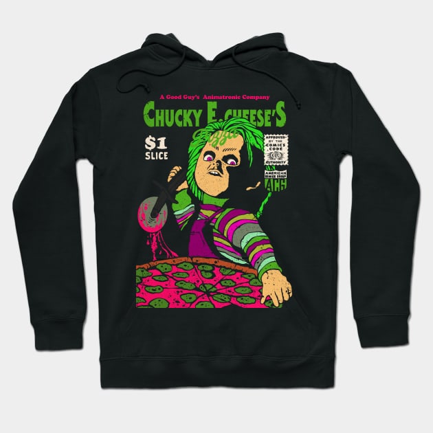 Black hoodie featuring a colorful retro horror-themed graphic design, perfect for casual wear and Halloween events.