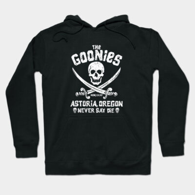 Black hoodie with "The Goonies" graphic, featuring skull and crossbones, Astoria Oregon text, casual cotton style.