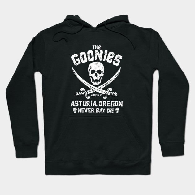 Black hoodie with "The Goonies" graphic, featuring skull and crossbones, Astoria Oregon text, casual cotton style.