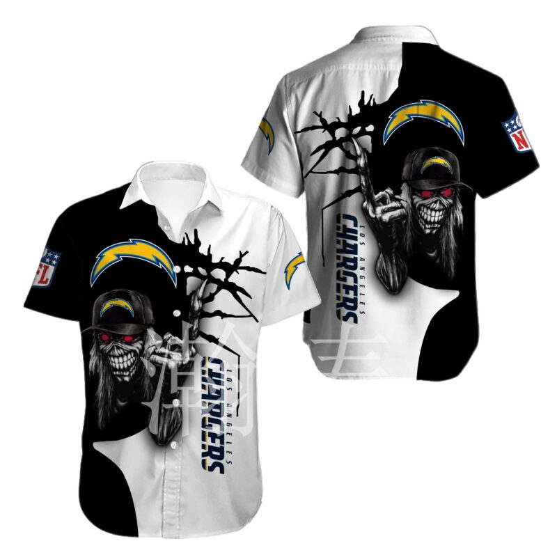 Black and white charger-themed button-up shirt with graphic design, ideal for fans, made from breathable material.