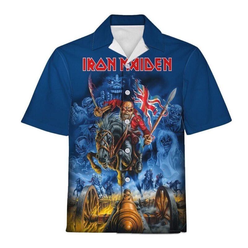 Blue Iron Maiden graphic button-up shirt featuring bold artwork, casual short-sleeve style, ideal for music fans.