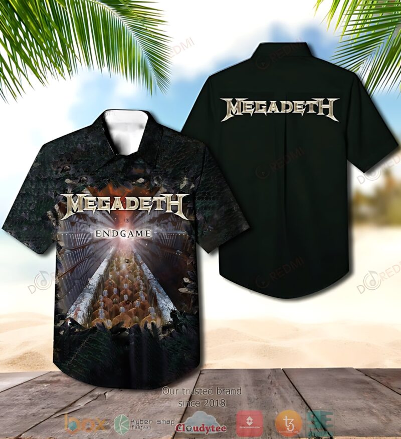 Megadeth Endgame Hawaiian shirt, black, front and back design, short-sleeve, casual wear, music-themed apparel.
