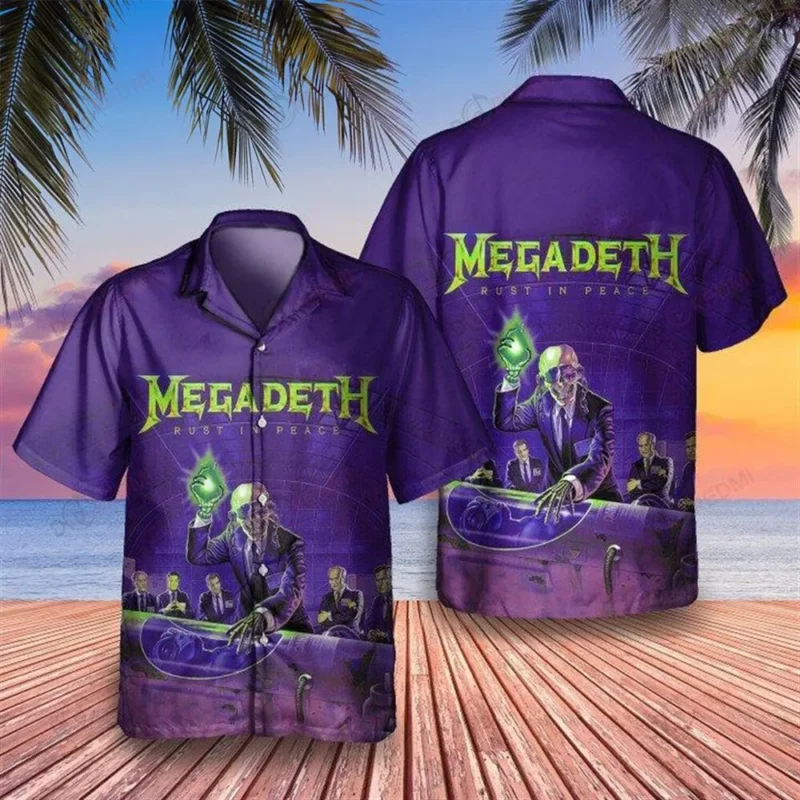 Purple Megadeth Hawaiian shirt with "Rust in Peace" design, short-sleeve, beach style, casual wear.