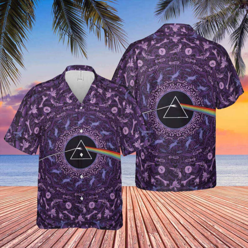 Purple patterned short-sleeve button-up shirt with geometric design, ideal for casual wear, made from lightweight fabric.