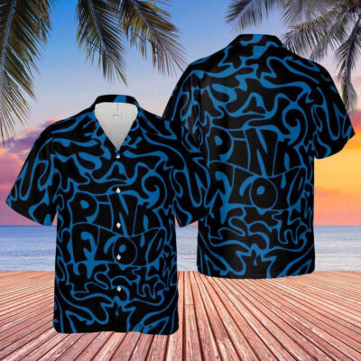 Black and blue abstract pattern Hawaiian shirt, short-sleeve, casual beachwear for summer.