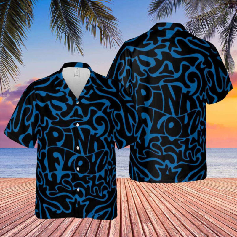 Black and blue abstract pattern Hawaiian shirt, short-sleeve, casual beachwear for summer.