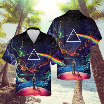 Colorful galaxy-themed short-sleeve shirt with triangle and rainbow design, perfect for casual summer wear.