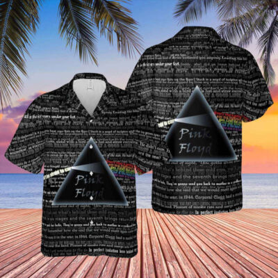 Black graphic print Hawaiian shirt with text and prism design, short-sleeve casual wear for beach or summer outings.