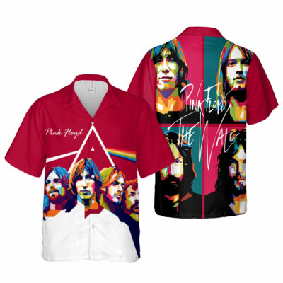 Red graphic print button-up shirt featuring colorful abstract design, suitable for casual wear.