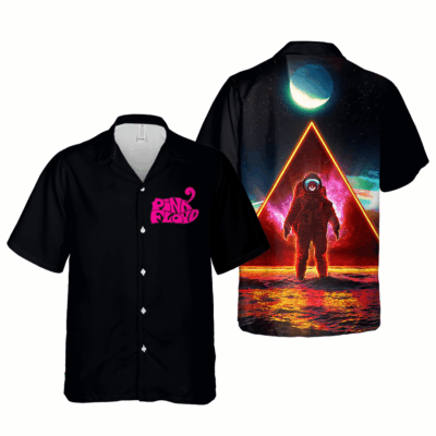 Black short-sleeve shirt with neon astronaut and geometric design, front logo. Perfect for casual wear. Polyester material.