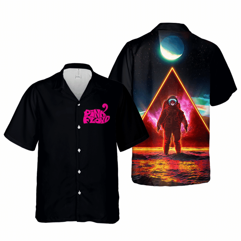 Black short-sleeve shirt with neon astronaut and geometric design, front logo. Perfect for casual wear. Polyester material.