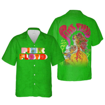 Green psychedelic short-sleeve shirt, colorful design, casual wear, lightweight fabric, retro style.