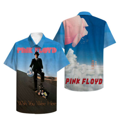 Blue Pink Floyd graphic button-up shirt, short sleeve, polyester, casual wear, music-themed design.
