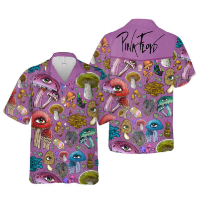 Purple psychedelic button-up shirt with mushroom and eye patterns, casual style, lightweight fabric, vibrant festival wear.