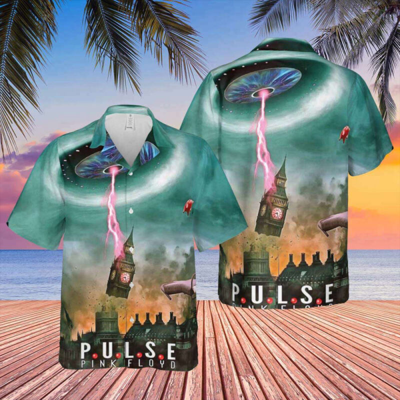 Men's green tropical shirt, psychedelic design, casual beachwear, short-sleeve, lightweight fabric.