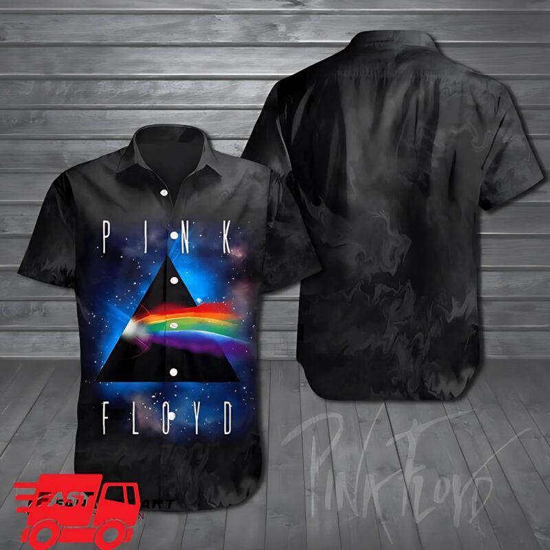 Black short-sleeve shirt with colorful prism design, ideal for casual wear, featuring vibrant galaxy-inspired graphics.