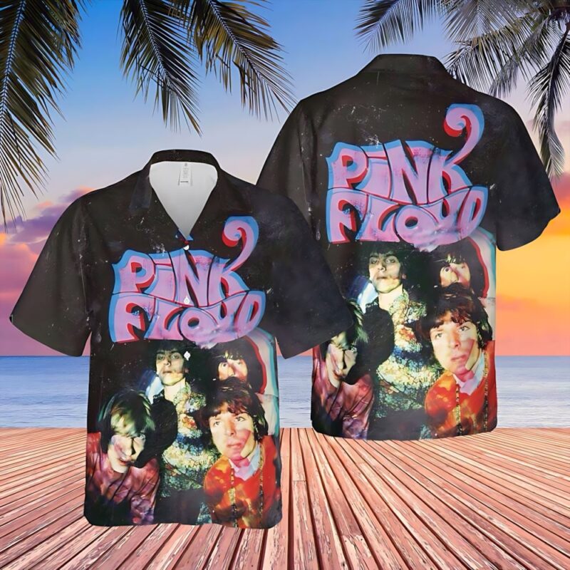 Black graphic Hawaiian shirt with colorful retro band design, short-sleeve, beachwear, cotton blend, unisex.