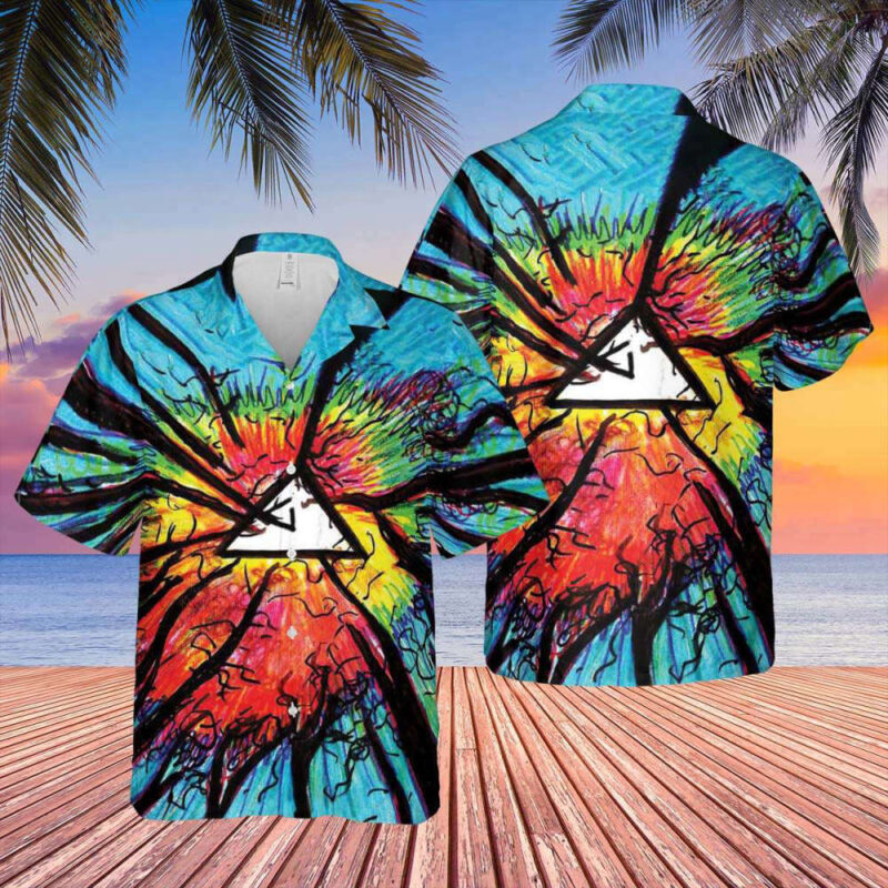 Colorful abstract print Hawaiian shirt, vibrant beachwear, casual summer attire, short-sleeve, lightweight fabric.