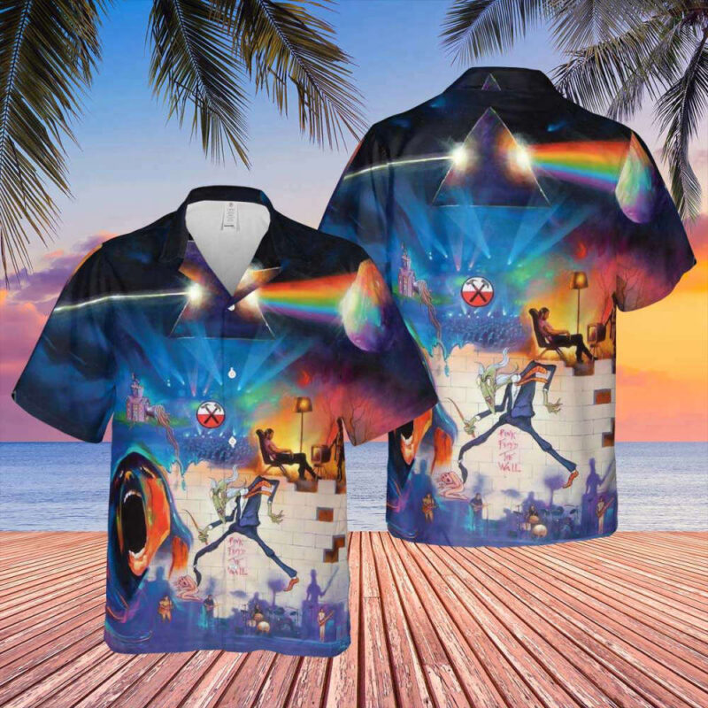 Colorful graphic print Hawaiian shirt with abstract design, short sleeves, beachwear, lightweight polyester fabric.