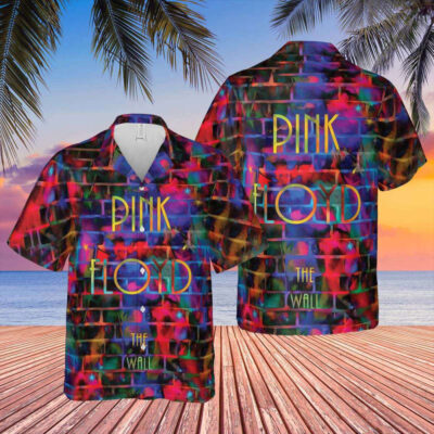 Colorful graphic Hawaiian shirt with brick pattern and text design, perfect for casual wear or beach outings.