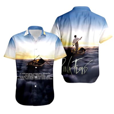 "Pink Floyd graphic short-sleeve shirt, blue and white gradient, casual style, lightweight fabric for music fans."