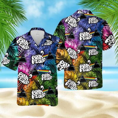 Colorful tropical graphic button-up shirt with a music theme, perfect for beachwear or casual wear.