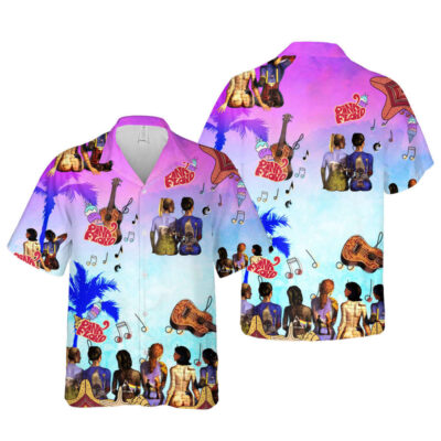 Colorful Pink Floyd-themed Hawaiian shirt with musical notes and tropical design, perfect for casual summer wear.
