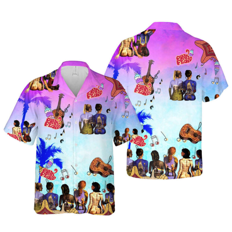 Colorful Pink Floyd-themed Hawaiian shirt with musical notes and tropical design, perfect for casual summer wear.