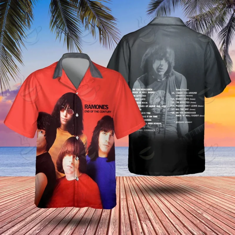 Red and black Ramones-themed short-sleeve button-up shirt, featuring album cover design, perfect for casual wear.