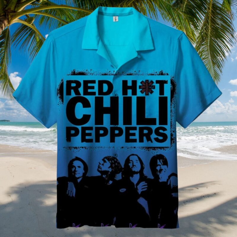 Blue graphic band shirt with palm tree background, casual style, short sleeves, beachwear, music-themed design.