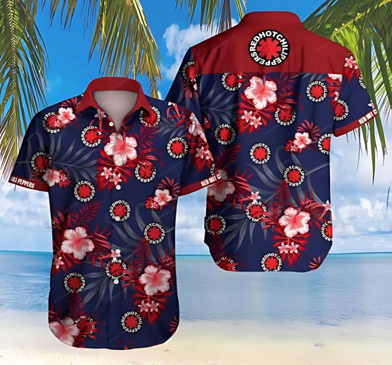 Navy and red floral Hawaiian shirt, short-sleeve, tropical print, button-up, casual summer wear, lightweight fabric.