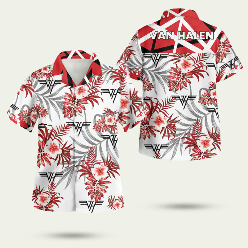 Hawaiian shirt with red floral print, short-sleeve, button-up, casual summer wear, tropical design, unisex style.