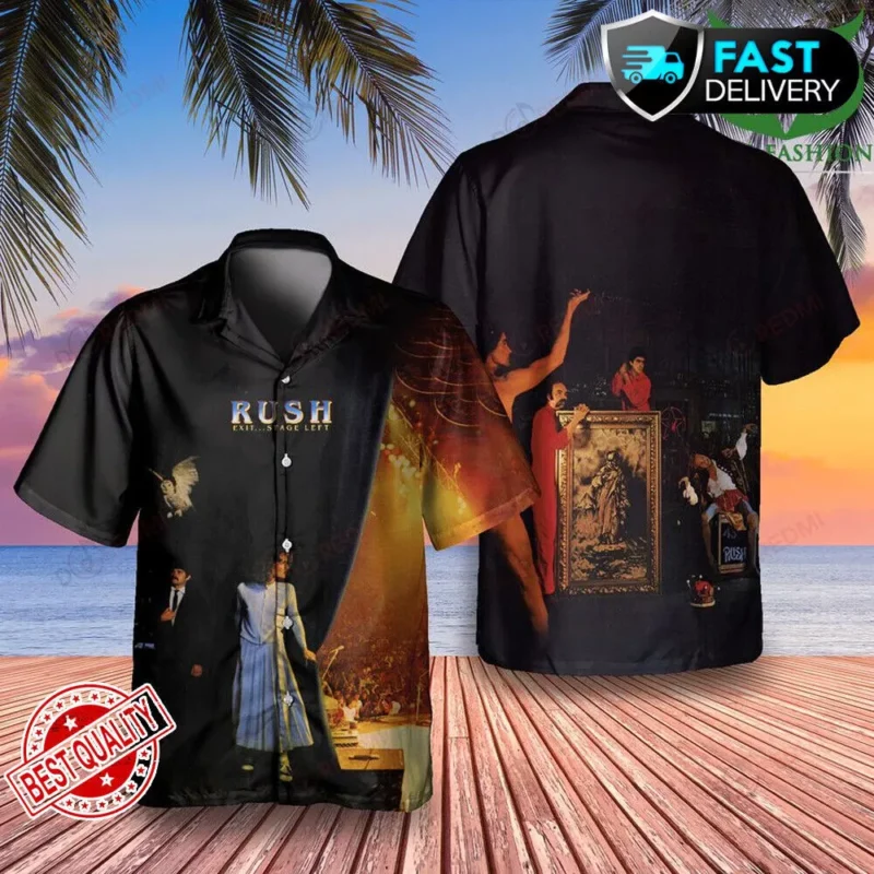 Black graphic Hawaiian shirt with vibrant concert design, short-sleeve, casual wear, lightweight fabric, beach background.