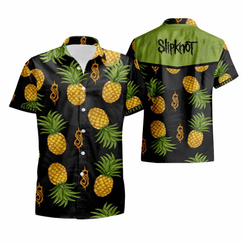 Tropical pineapple print black button-up shirt with green accents, casual summer style, lightweight fabric.