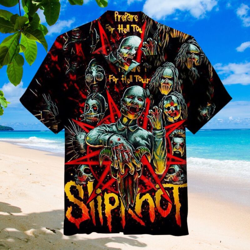 Edgy black and red graphic Hawaiian shirt with horror-themed design, perfect for casual wear or beach outings.