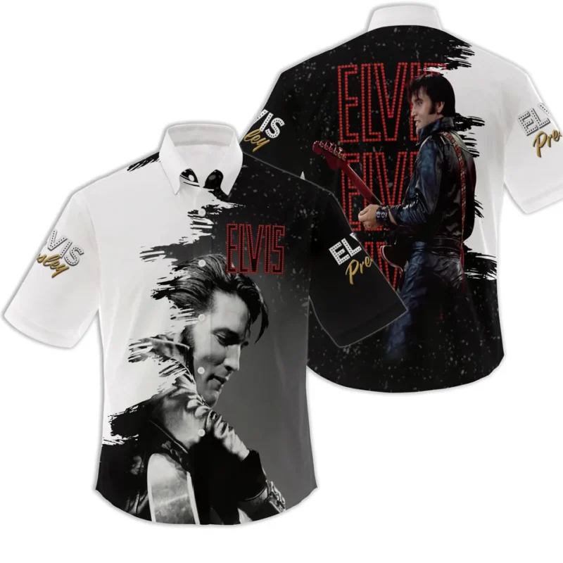Elvis Presley graphic shirt, black and white, short-sleeve, button-up, casual wear, stylish music-themed design.