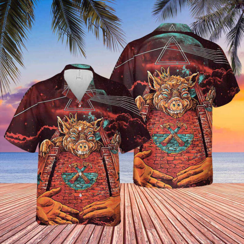 Colorful graphic Hawaiian shirt featuring abstract boar design, ideal for beachwear or casual outings.