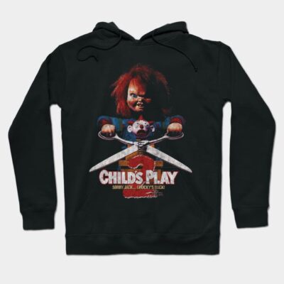 Black "Child's Play" horror-themed hoodie featuring vintage design, perfect for casual wear and Halloween events.