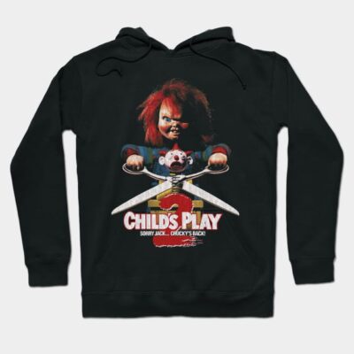 Black "Child's Play 2" hoodie with horror graphic print, featuring iconic design. Perfect for casual wear and fans.