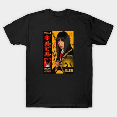 Black graphic T-shirt featuring a bold, colorful design inspired by action movies, perfect for casual wear.