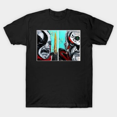 Black T-shirt with abstract art design, colorful painting style, casual wear, cotton material.