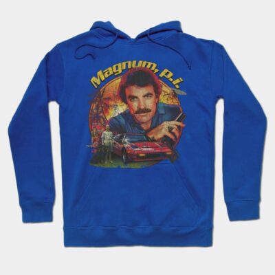 Blue "Magnum P.I." graphic hoodie, retro style, featuring a vibrant design, perfect for casual wear. Cotton blend material.