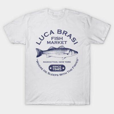 White cotton t-shirt with navy fish market graphic print, casual style, comfortable fit, ideal for everyday wear.