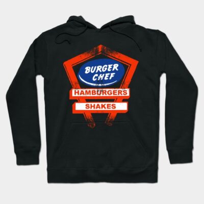 Black hoodie with retro "Burger Chef" logo in red, blue, and white. Casual style, ideal for everyday wear. Cotton material.