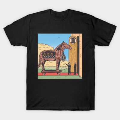 Black T-shirt featuring a cartoon Trojan horse design, perfect for casual wear or gifting, made of 100% cotton.