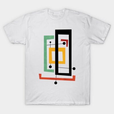 White t-shirt with abstract geometric design in black, green, yellow, and red. Casual wear, soft cotton material.