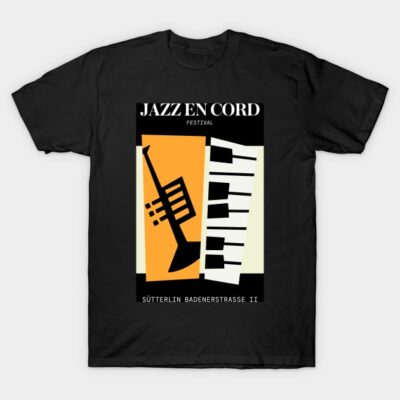 Black T-shirt with "Jazz en Cord" festival design, featuring trumpet and piano graphics, perfect for music lovers.