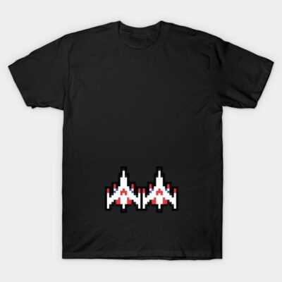 Black t-shirt with retro pixel spaceship design, casual style, made from soft cotton for everyday wear.
