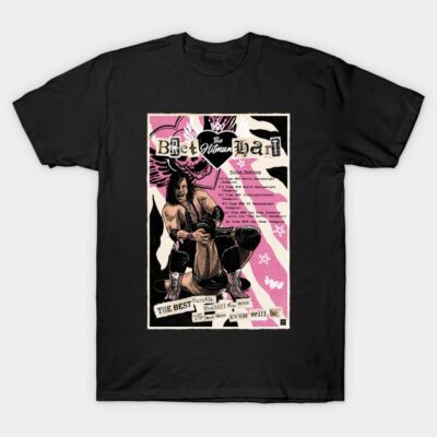 Black graphic t-shirt featuring a vintage wrestling design with pink and white accents, perfect for casual wear.