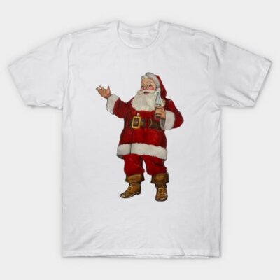 White t-shirt with vintage Santa Claus print, festive holiday apparel, cotton material, casual wear for Christmas season.